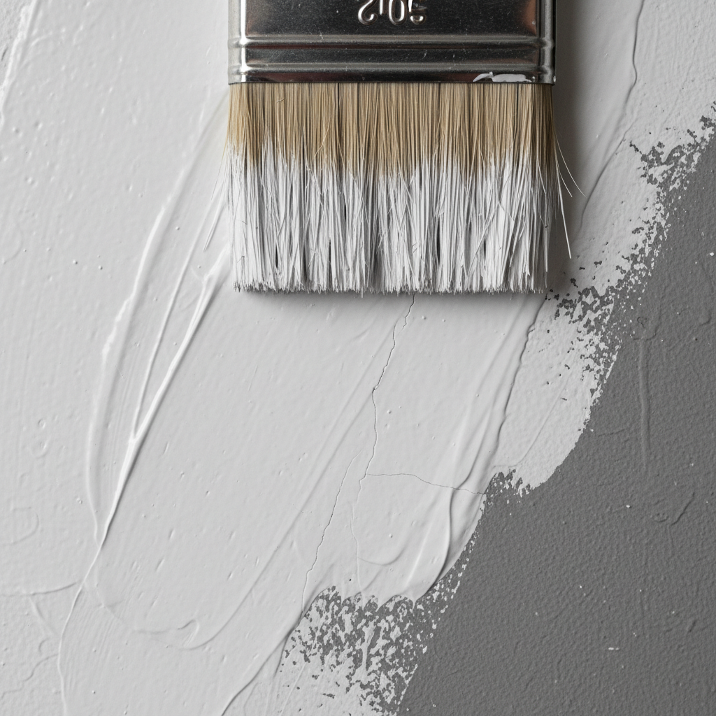 Dynamiczne ujęcie z bliska na szeroki pędzel malarski, który jednym, pewnym ruchem nakłada warstwę matowej, białej farby akrylowej na ścianę. Pod pędzlem widać już pierwsze, delikatne spękania, przez które przebija ciemniejszy, grafitowy kolor bazowy. Światło skupia się na teksturze farby i włosiu pędzla, oddając napięcie i dynamikę chwili.