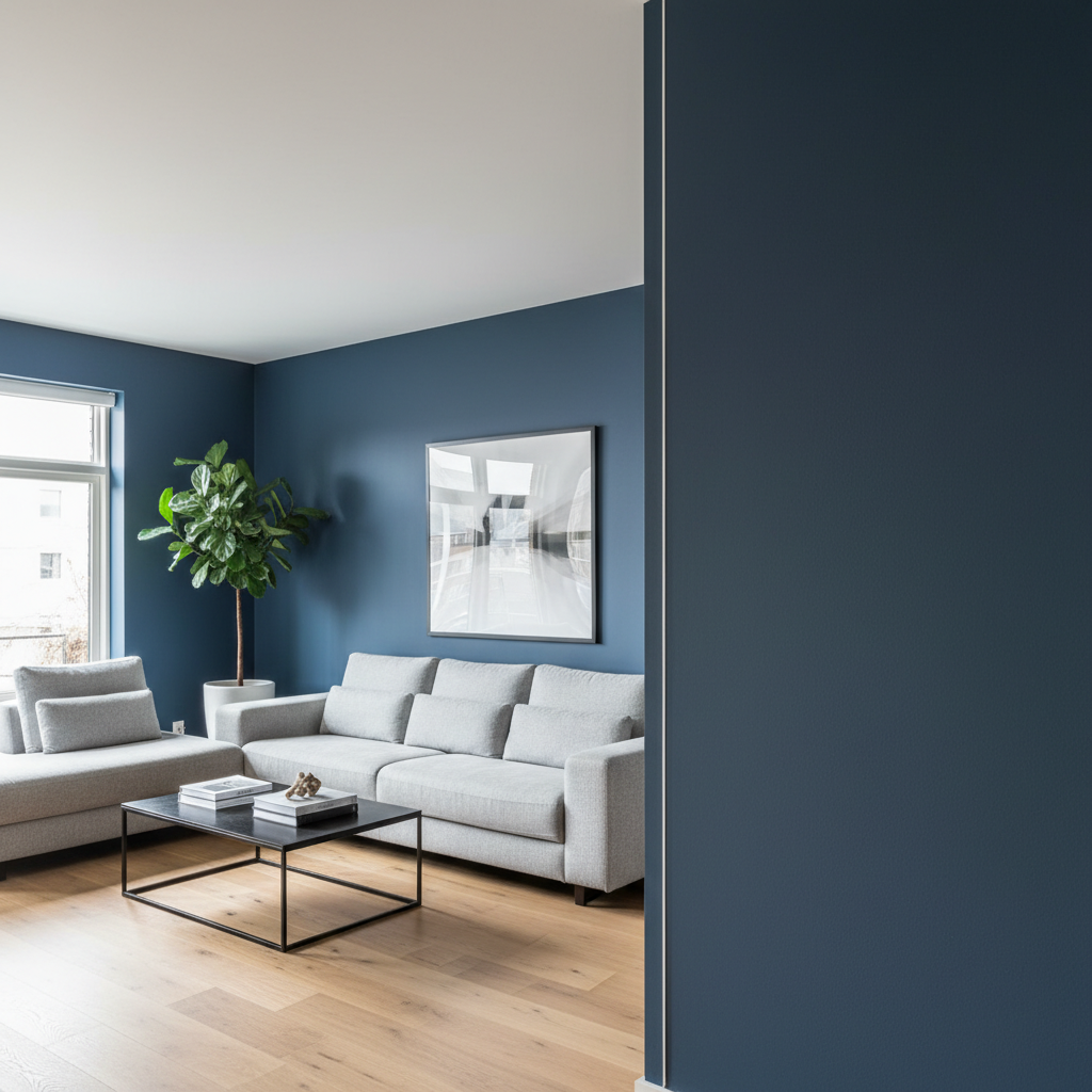 Jasne, nowocześnie urządzone wnętrze salonu z wysokim sufitem. Ściana jest pomalowana na głęboki, matowy granat, a sufit na czystą biel. Ujęcie skupia się na idealnie prostej, ostrej jak brzytwa linii oddzielającej oba kolory w rogu pomieszczenia. Światło z okna delikatnie podkreśla gładkość obu powierzchni, tworząc wrażenie profesjonalizmu i dbałości o detale.