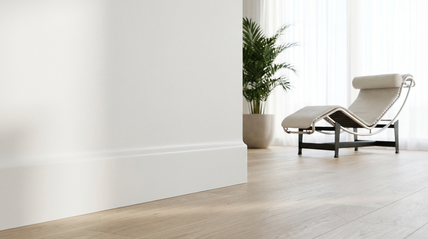 Jasne, nowoczesne wnętrze salonu, w którym widać idealnie gładkie połączenie białej ściany z białą listwą przypodłogową. Delikatne, rozproszone światło dzienne podkreśla brak jakichkolwiek pęknięć czy niedoskonałości, symbolizując perfekcyjne wykończenie.