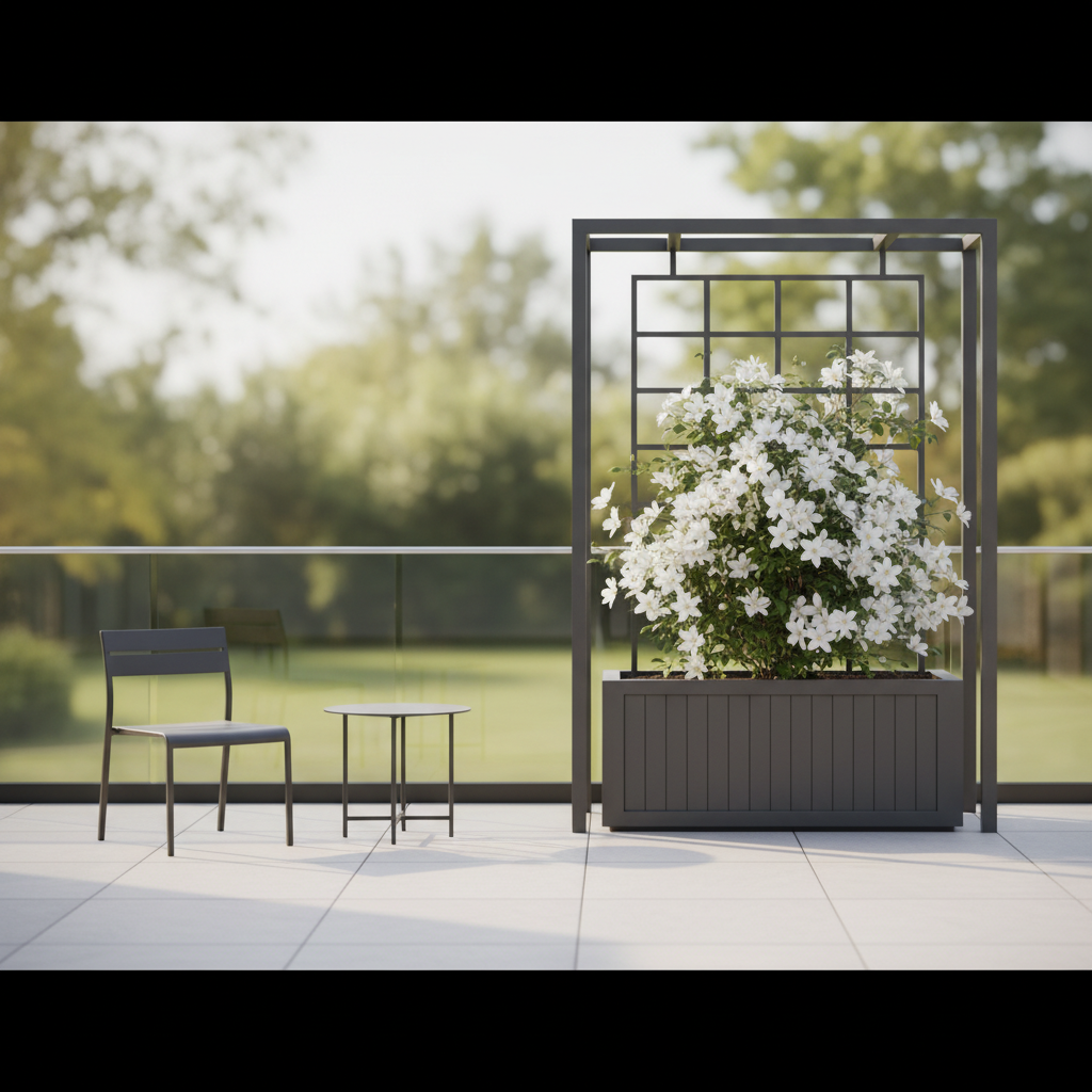 Nowoczesny, minimalistyczny taras z jasnymi płytkami. Na nim stoi elegancka, pomalowana na szaro donica z pergolą o prostej, geometrycznej kracie. W donicy rośnie pojedynczy, bujny powojnik o dużych, białych kwiatach. Obok stoi proste, metalowe krzesło i mały stolik kawowy.