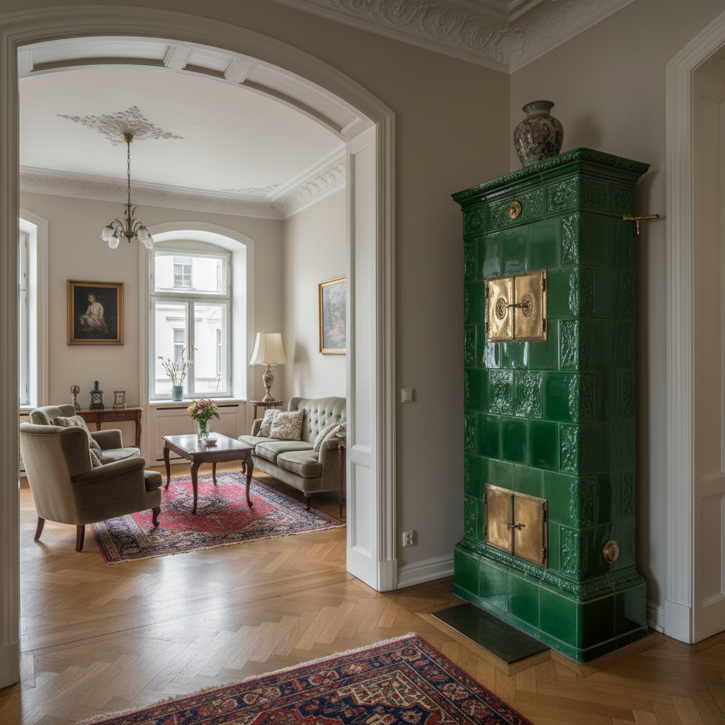 Eleganckie, klasyczne wnętrze salonu w starej kamienicy z wysokim sufitem i drewnianym parkietem. W rogu pomieszczenia stoi piękny, odrestaurowany piec kaflowy w kolorze butelkowej zieleni, z ozdobnymi, secesyjnymi kaflami i mosiężnymi drzwiczkami. Na piecu stoi zabytkowa waza, a obok niego leży perski dywan.