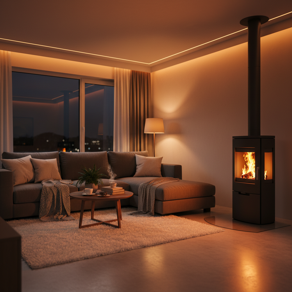 Przytulny i nowoczesny salon wieczorową porą. Centralnym punktem jest stylowy, czarny piec wolnostojący (koza) z widocznym, ciepłym ogniem. Miękkie, nastrojowe oświetlenie, wygodna sofa i puszysty dywan. Zdjęcie fotorealistyczne, w ciepłych tonacjach, które od razu budzi skojarzenia z komfortem i domowym ciepłem.