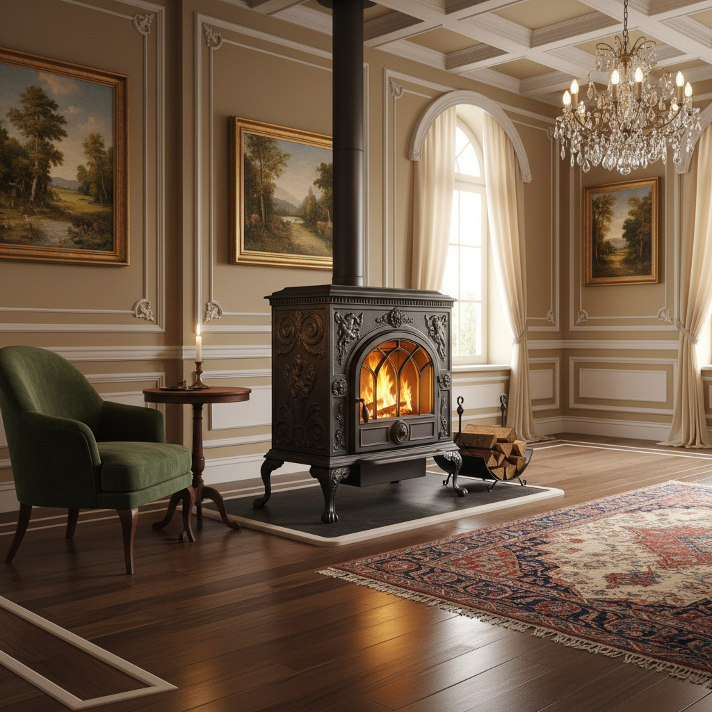 Elegancki salon w stylu klasycznym, z drewnianą podłogą i ozdobnymi listwami. W centrum stoi bogato zdobiony, czarny piec żeliwny na nóżkach. Jego stylistyka retro idealnie komponuje się z otoczeniem, dodając wnętrzu szlachetności i ciepła.
