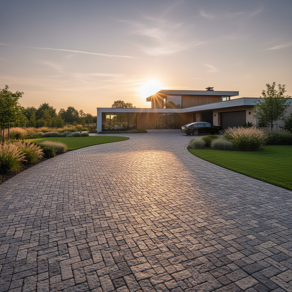 Szerokie ujęcie eleganckiego podjazdu z kostki brukowej prowadzącego do nowoczesnego domu. Słońce świeci pod niskim kątem, podkreślając fakturę kostki i zadbany ogród. Scena jest czysta, estetyczna i aspiracyjna, pokazująca idealny efekt końcowy prawidłowo wykonanej nawierzchni.