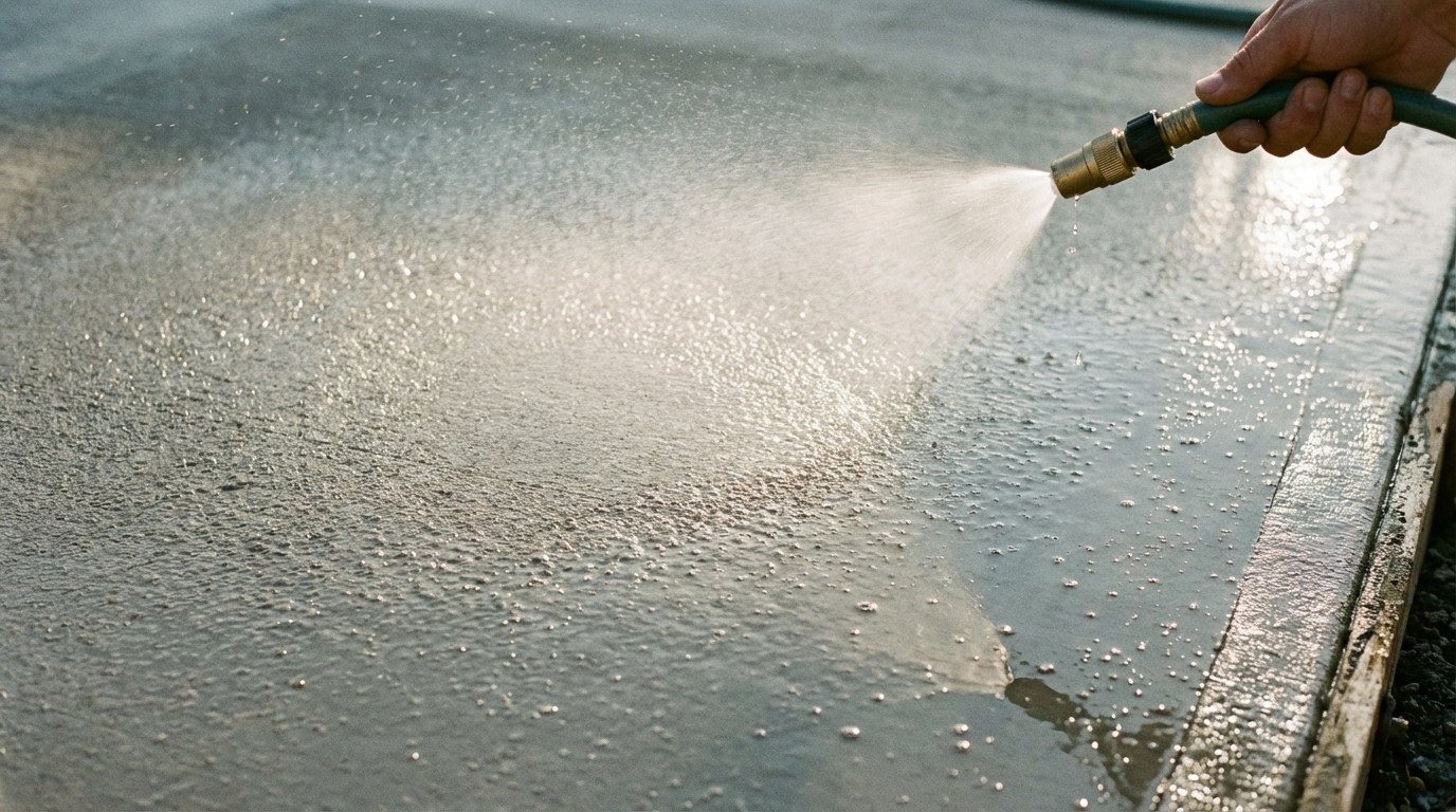Zbliżenie na świeżą, szarą posadzkę betonową, która jest delikatnie zraszana wodą za pomocą węża ogrodowego z dyszą mgiełkową. Krople wody lśnią na gładkiej powierzchni, podkreślając proces pielęgnacji betonu.