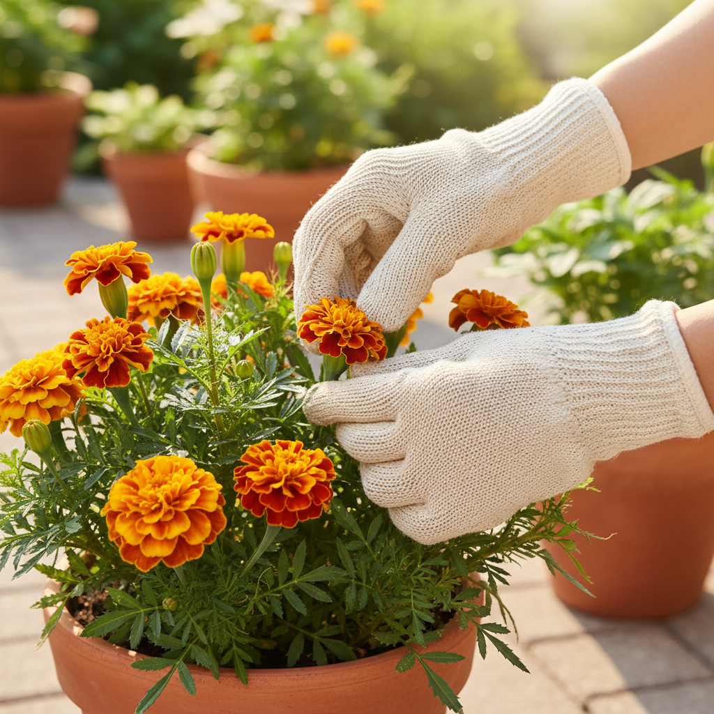 Dłonie ogrodnika w jasnych rękawiczkach delikatnie usuwają zwiędły kwiat aksamitki z bujnej kępy w doniczce, aby zrobić miejsce dla nowych pąków. Scena jest jasna i pełna słońca, podkreślając troskę o rośliny.