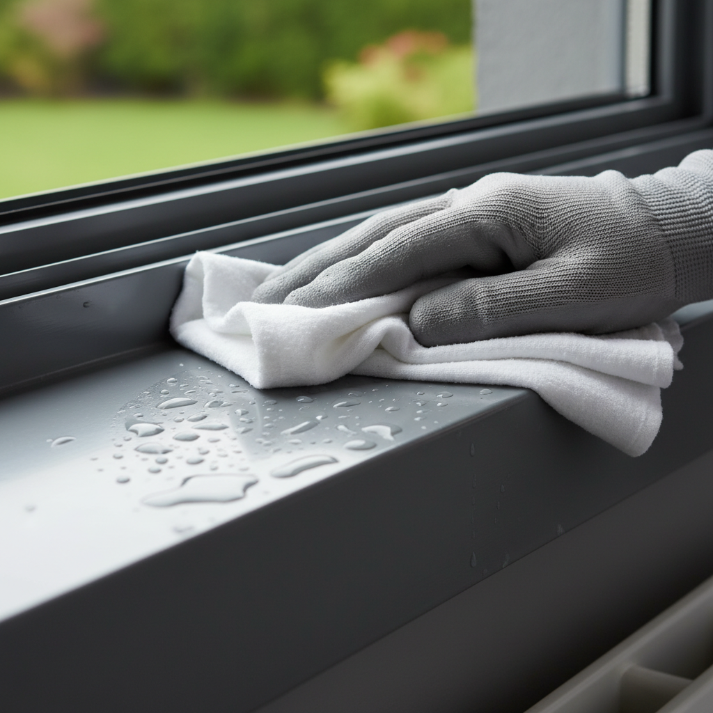 Zbliżenie na dłoń w rękawicy ochronnej, która delikatnie przeciera czystą, wilgotną szmatką nowoczesny, antracytowy parapet aluminiowy. Na powierzchni parapetu widać lśniące krople wody, co podkreśla jego gładkość i wodoodporność.