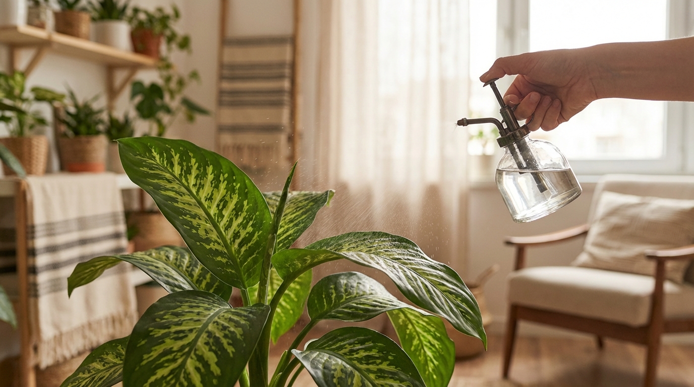 Estetyczne ujęcie dłoni trzymającej spryskiwacz, która delikatnie zrasza bujne liście difenbachii. W tle widać jasne, przytulne wnętrze mieszkania z innymi roślinami, co tworzy atmosferę domowej oazy spokoju. Światło jest miękkie i rozproszone.