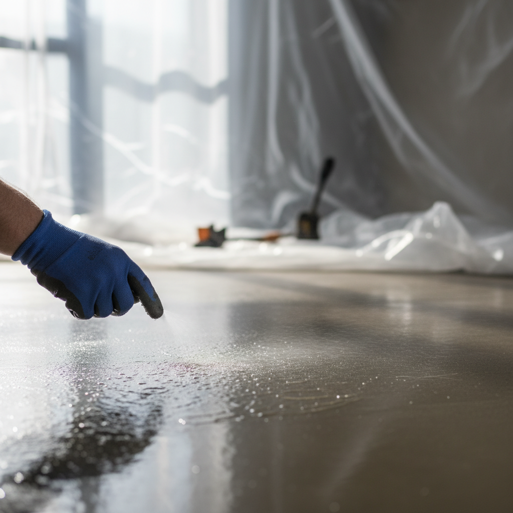 Dłoń w rękawicy roboczej delikatnie zrasza wodą świeżo zatartą, jeszcze ciemną wylewkę cementową. W tle widać rozłożoną folię budowlaną. Światło wpadające przez okno tworzy miękkie refleksy na mokrej powierzchni.