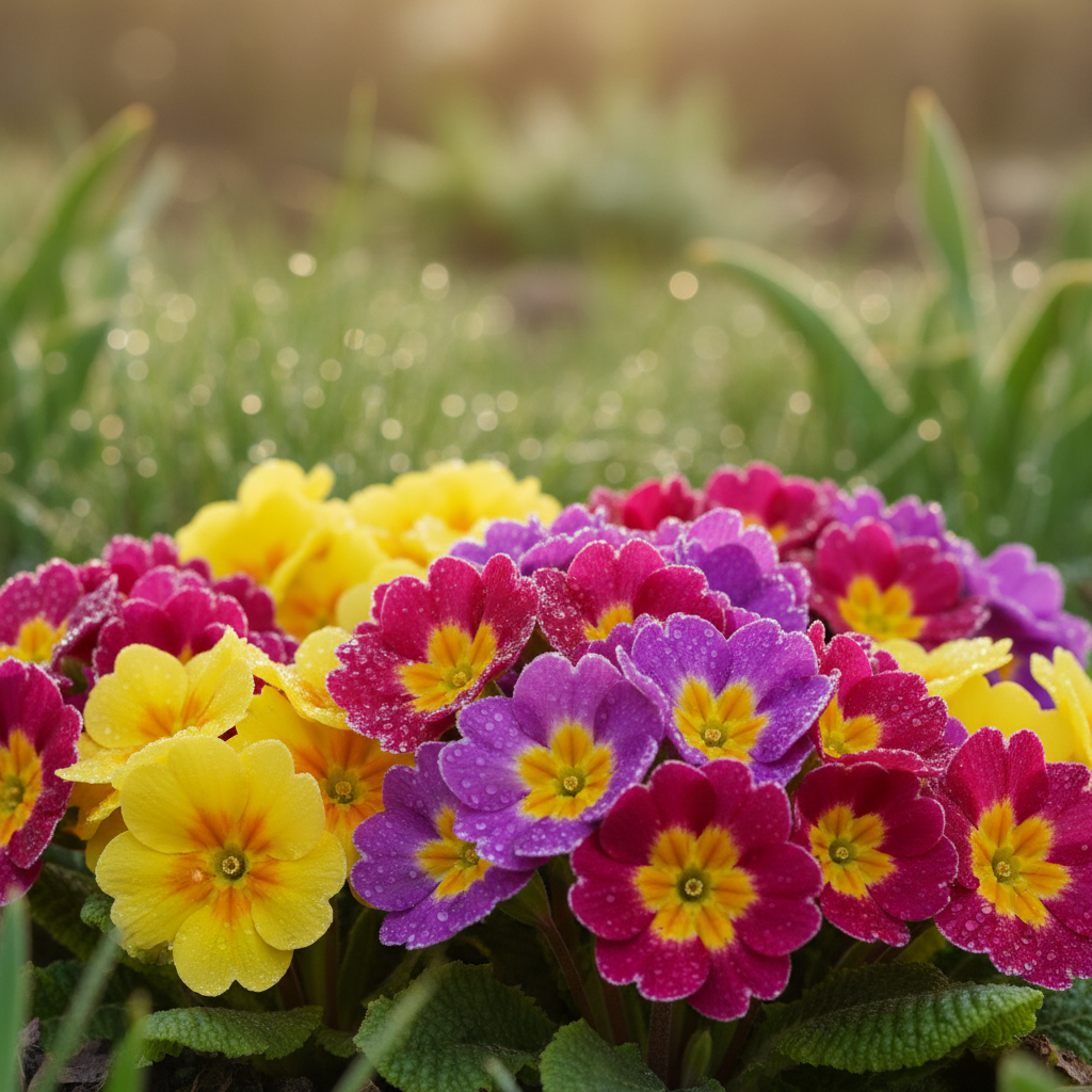 Zbliżenie na tętniącą życiem, wielobarwną kępę pierwiosnków rosnącą w wiosennym ogrodzie. Kwiaty w odcieniach intensywnego żółtego, różu i fioletu są pokryte delikatnymi kroplami porannej rosy. W tle widać delikatnie rozmytą, soczystą zieleń trawy i innych wiosennych roślin. Oświetlenie jest miękkie i złociste, typowe dla wczesnego poranka, co tworzy atmosferę świeżości i nowego początku.