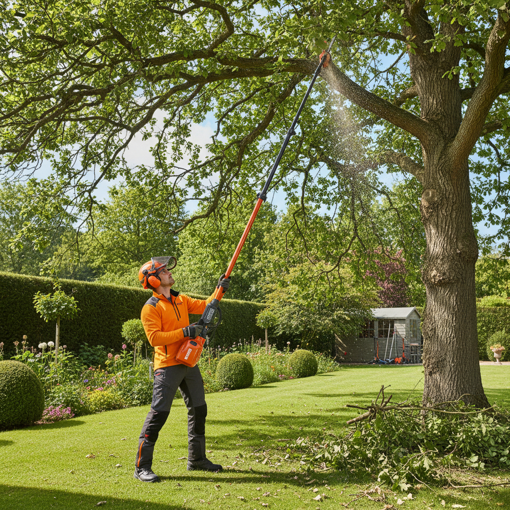 Profesjonalny ogrodnik w odzieży ochronnej, używający pilarki na wysięgniku Husqvarna do przycinania gałęzi wysokiego drzewa w zadbanym, słonecznym ogrodzie. Ujęcie dynamiczne, pokazujące zasięg narzędzia i precyzję pracy.