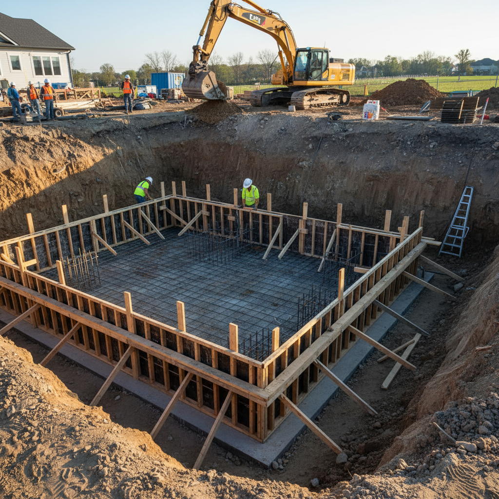 Szeroki kadr ukazujący głęboki wykop pod piwnicę. Widać zbrojenie ław fundamentowych oraz szalunki przygotowane do zalania betonem. Praca wre, w tle widać koparkę. Scena podkreśla skalę i złożoność prac związanych z podpiwniczeniem domu.