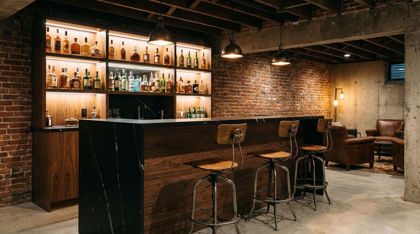 Stylowy, nowocześnie urządzony barek w piwnicy. Za kontuarem z ciemnego drewna i czarnego marmuru widać podświetlone półki z butelkami alkoholu. Przed barkiem stoją trzy industrialne hokery. Ściana za barkiem wykończona jest czerwoną, postarzaną cegłą, co tworzy ciepły i męski klimat.