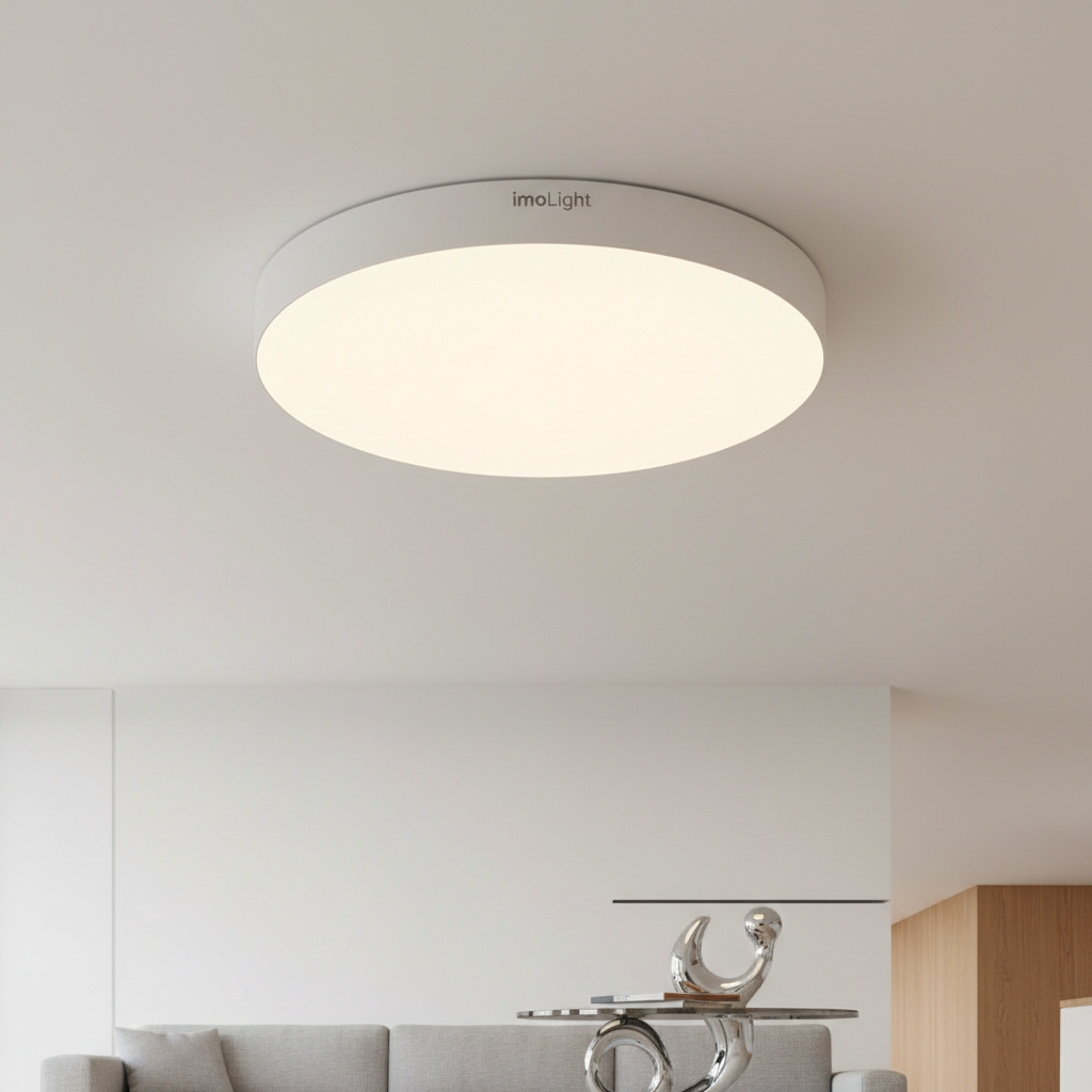 Stylowe, jasne wnętrze z minimalistycznym plafonem LED marki imoLight na suficie. W tle widać fragment nowoczesnej sofy i designerski stolik kawowy. Kadr jest estetyczny, skupiony na harmonii oświetlenia z aranżacją, podkreślając elegancję produktu.