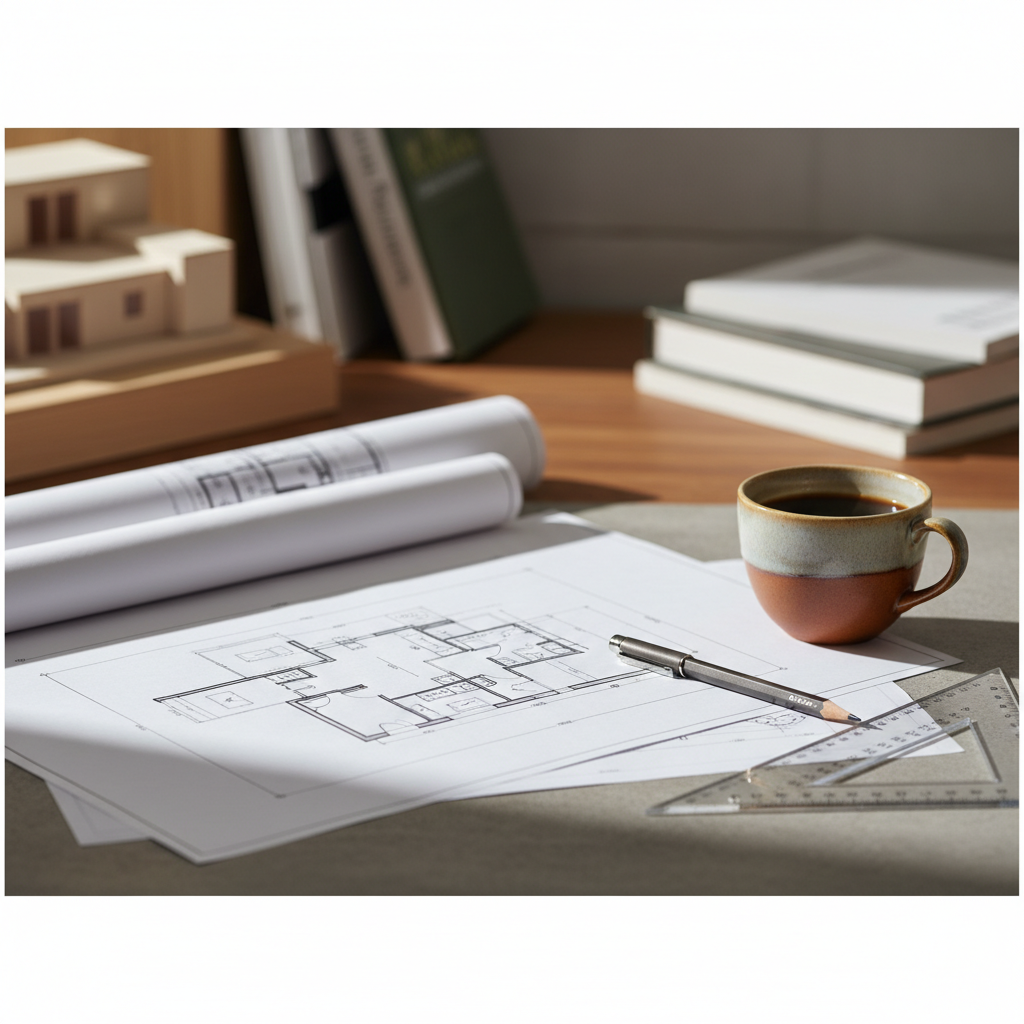 Elegancka kompozycja na stole architekta. Na pierwszym planie leżą estetyczne plany architektoniczne nowoczesnego domu jednorodzinnego. Obok nich znajduje się wysokiej jakości ołówek techniczny, ekierka i filiżanka kawy. Tło jest lekko rozmyte, sugerując skupienie na procesie projektowym. Paleta barw jest stonowana, dominują biel, szarości i akcenty drewna.