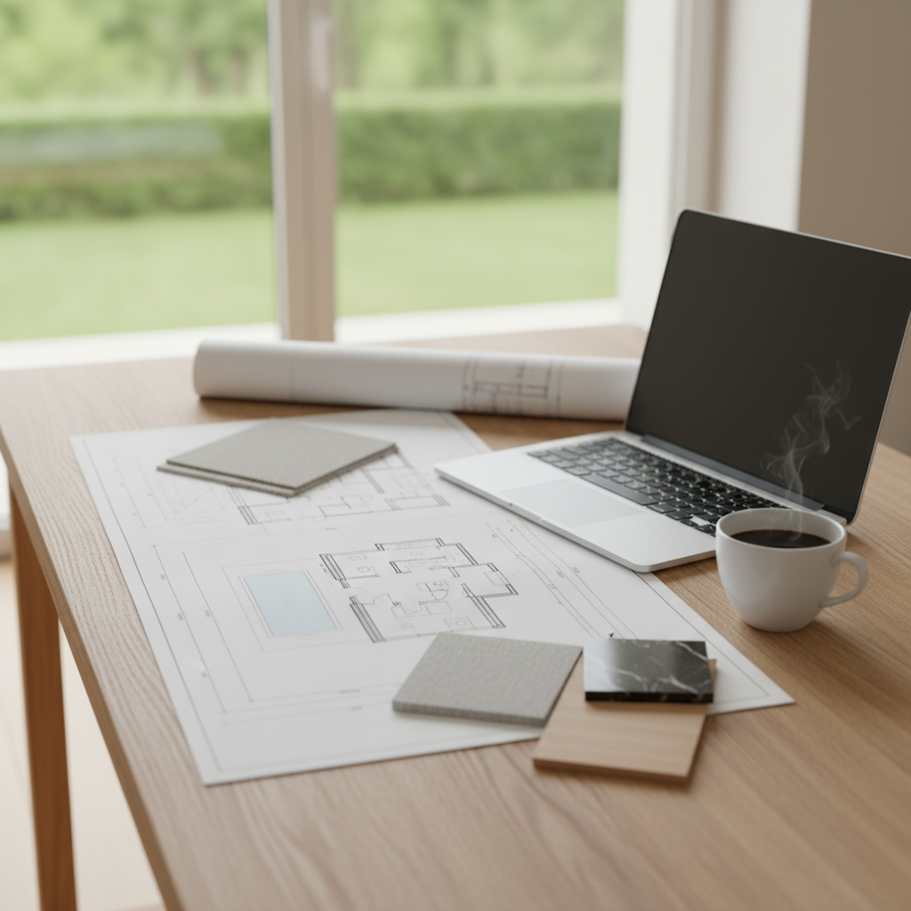Eleganckie, minimalistyczne biurko z drewna, na którym rozłożone są plany architektoniczne domu z basenem. Obok leży nowoczesny laptop, filiżanka kawy i kilka próbek materiałów wykończeniowych. Przez okno wpada miękkie, poranne światło. Zdjęcie symbolizuje proces planowania i projektowania.