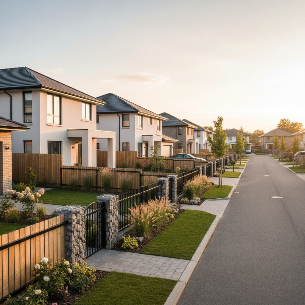 Estetyczne osiedle domów jednorodzinnych z harmonijnie zaprojektowanymi ogrodzeniami, które tworzą spójną całość. Różne materiały – drewno, metal, gabiony – ale utrzymane w podobnej stylistyce i wysokości, co pokazuje efekt dobrze zaplanowanej przestrzeni zgodnej z MPZP.