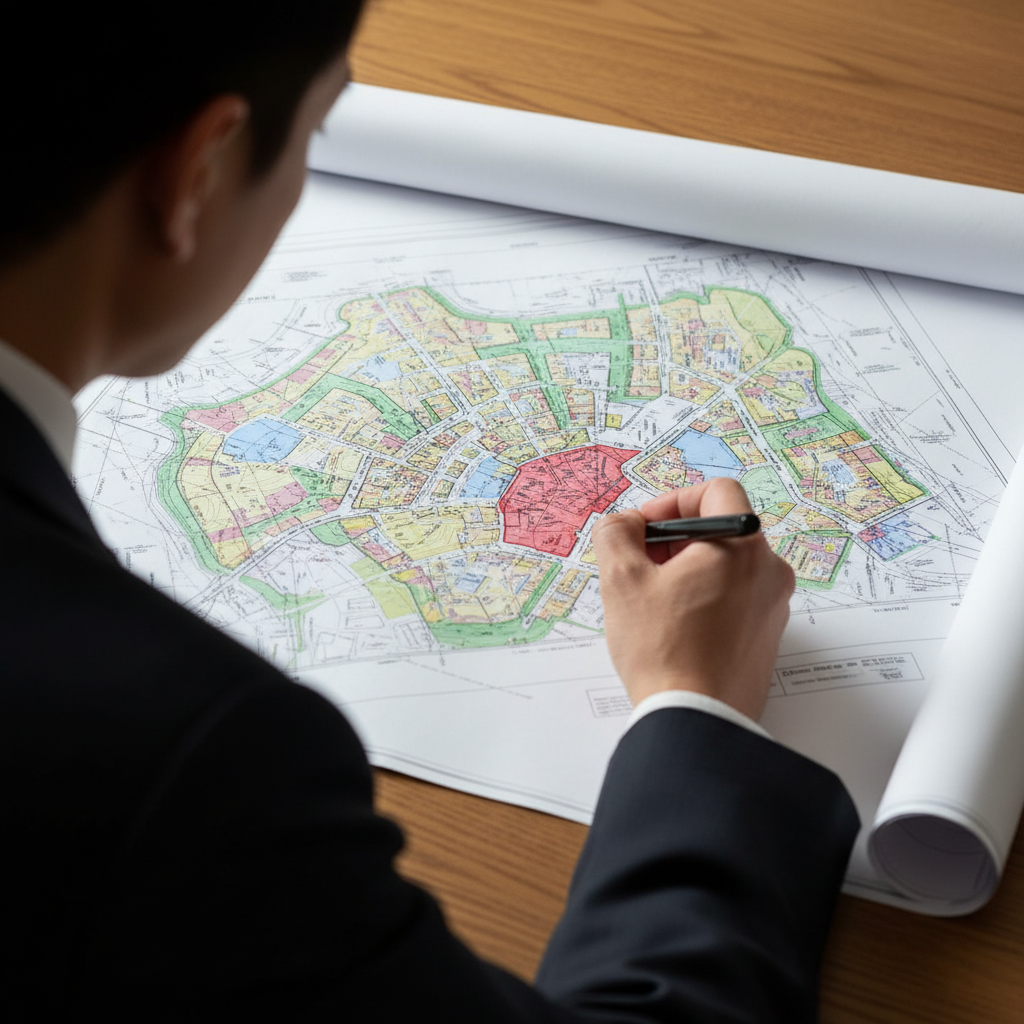 Ujęcie z bliska, z perspektywy nad ramieniem osoby, prawdopodobnie architekta lub inwestora, która uważnie studiuje duży, szczegółowy plan zagospodarowania przestrzennego rozłożony na drewnianym stole. Plan jest wypełniony kolorowymi strefami i liniami. Osoba wskazuje na konkretny obszar długopisem. Oświetlenie jest jasne i skupione na mapie, tworząc profesjonalną i analityczną atmosferę.