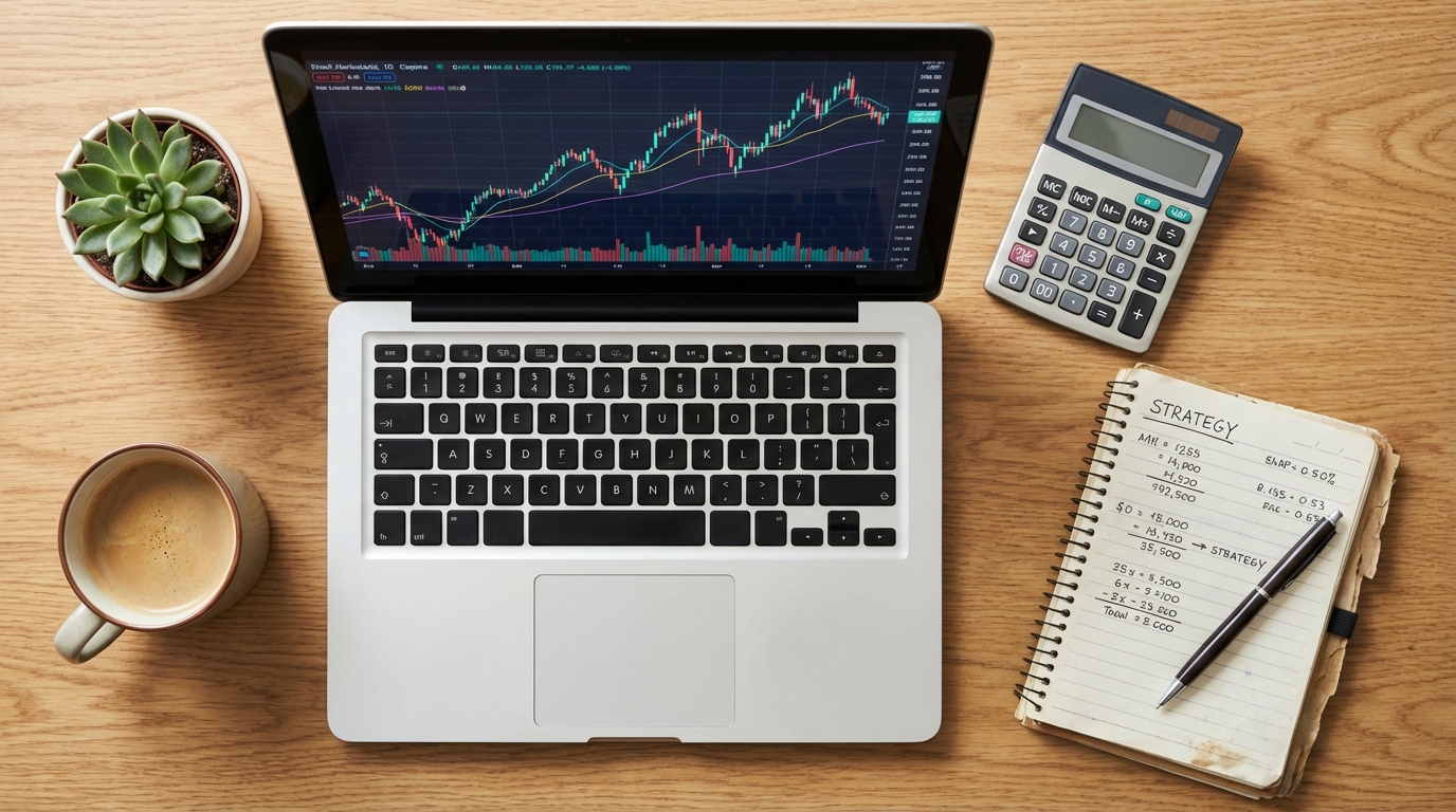 Widok z góry na stół, na którym leżą otwarty laptop z wykresem giełdowym, kalkulator, notes z zapiskami i długopis. Obok stoi kubek kawy i mała, zielona roślina w doniczce. Kompozycja sugeruje skrupulatne planowanie finansowe i strategiczne podejście do oszczędzania.