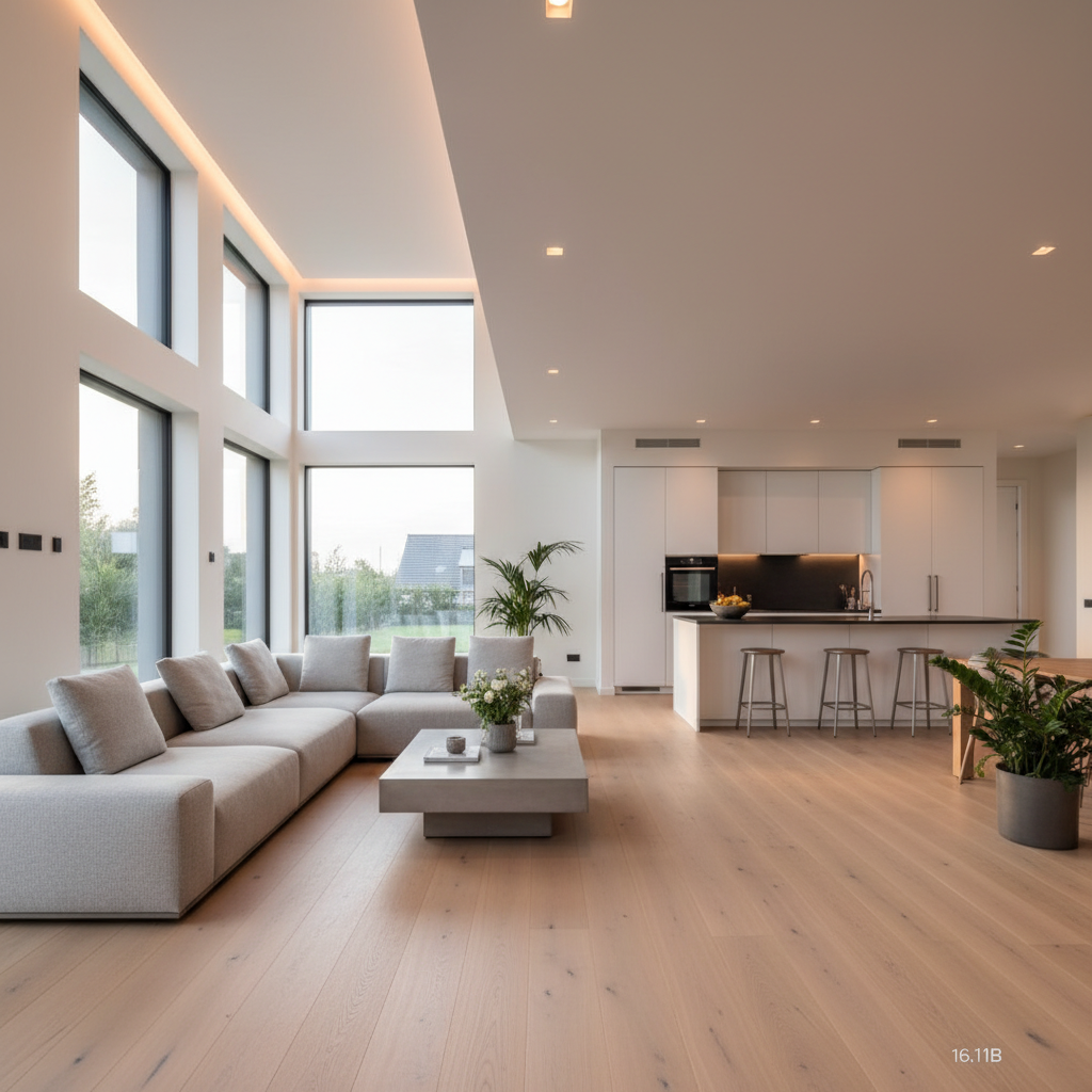 Jasny i przestronny salon w nowoczesnym domu jednorodzinnym, z dużymi oknami i minimalistycznym wystrojem. Subtelne, eleganckie oświetlenie LED w suficie i stylowe gniazdka elektryczne na ścianie dyskretnie wkomponowane w aranżację. W tle widać fragment otwartej kuchni. Ciepłe, naturalne światło, atmosfera komfortu i nowoczesności.