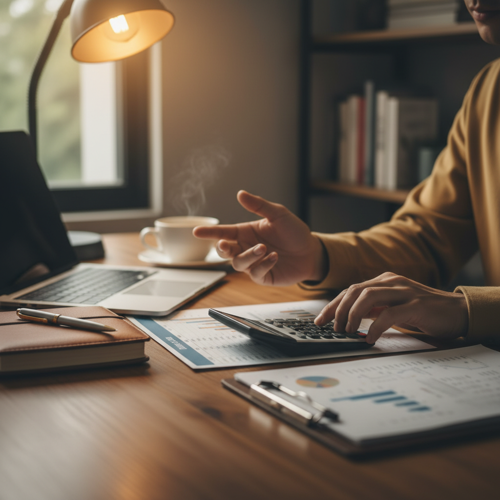 Stonowane, ciepłe ujęcie osoby siedzącej przy drewnianym biurku. Na biurku leży otwarty laptop, notatnik, długopis i filiżanka kawy. Osoba trzyma w dłoni kalkulator i analizuje dokumenty finansowe. Ujęcie skupia się na rękach i przedmiotach na biurku, sugerując skupienie i proces podejmowania decyzji.