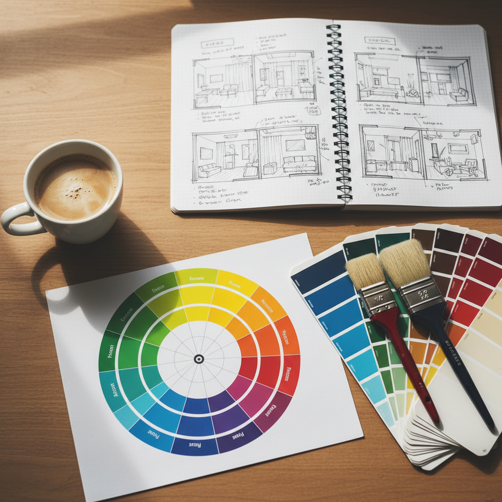 Estetycznie zaaranżowane płaskie ujęcie (flat lay) przedstawiające otwarte koło barw, wachlarz wzorników kolorów farb, kilka pędzli oraz filiżankę kawy na drewnianym biurku. W tle widać notatnik z odręcznymi szkicami aranżacji wnętrza. Kompozycja jest jasna, kreatywna i inspirująca.