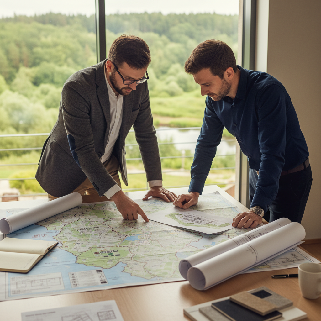 Estetyczne ujęcie przedstawiające architekta lub inwestora pochylonego nad mapą obszaru Natura 2000 i planami budowlanymi, symbolizujące proces starannego planowania inwestycji w zgodzie z naturą.