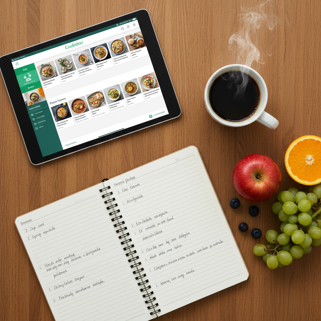 Ujęcie z góry na drewniany stół kuchenny. Na stole leży otwarty tablet, na którego ekranie widać kolorowy interfejs platformy Cookidoo® z tygodniowym planerem posiłków. Obok tabletu stoi filiżanka aromatycznej kawy, notatnik z odręcznymi zapiskami i kilka świeżych owoców. Scena jest przytulna i sugeruje relaksujący, dobrze zorganizowany poranek.