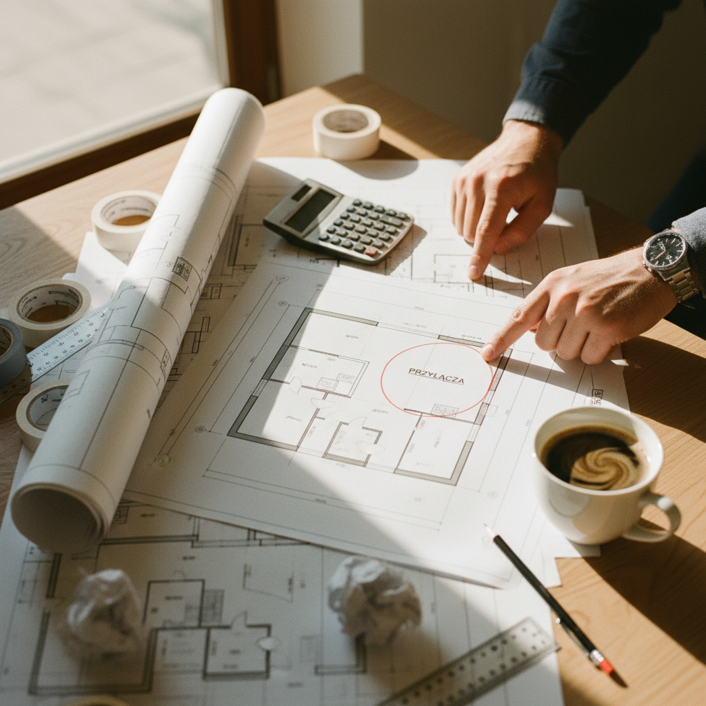 Estetyczne ujęcie z góry na stół architekta. Na stole rozłożone są plany techniczne domu i działki, ołówek, kalkulator oraz kubek kawy. Dłoń osoby wskazuje na fragment planu, gdzie zaznaczone są przyłącza. Ciepłe, naturalne oświetlenie.