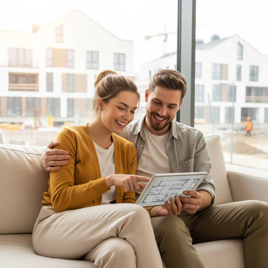 Młoda, uśmiechnięta para przegląda plany architektoniczne mieszkania na tablecie, siedząc na tle nowoczesnego, jasnego wnętrza. W tle, za oknem, widać fragment nowo budowanego osiedla w estetycznym, minimalistycznym stylu. Obraz ma ciepłą, optymistyczną kolorystykę, sugerującą spełnienie marzeń o własnym domu.