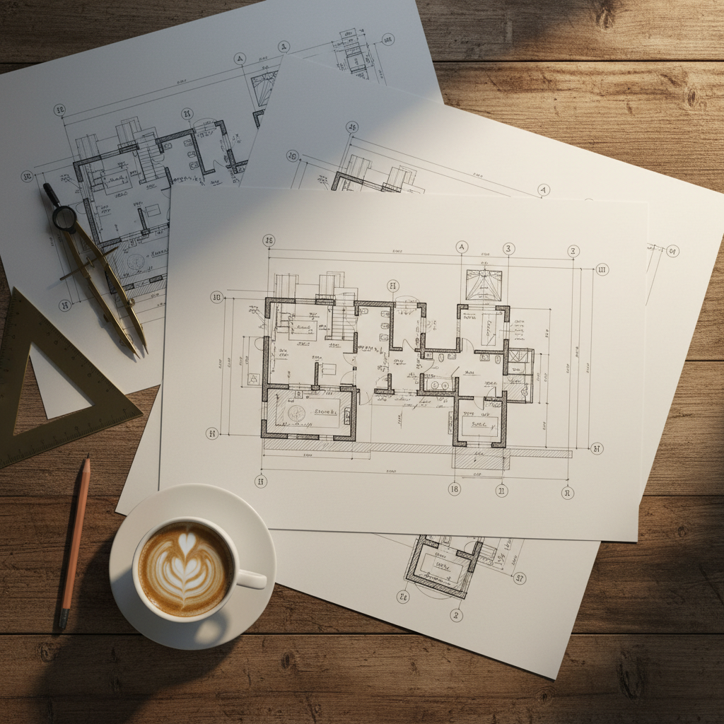 Estetyczne ujęcie z góry na rozłożone na drewnianym stole szczegółowe plany architektoniczne i rysunki techniczne. Obok leżą narzędzia kreślarskie, takie jak cyrkiel, ekierka i ołówek, a także filiżanka kawy. Światło jest ciepłe i skupione na planach, podkreślając precyzję i dbałość o detale w procesie projektowania.