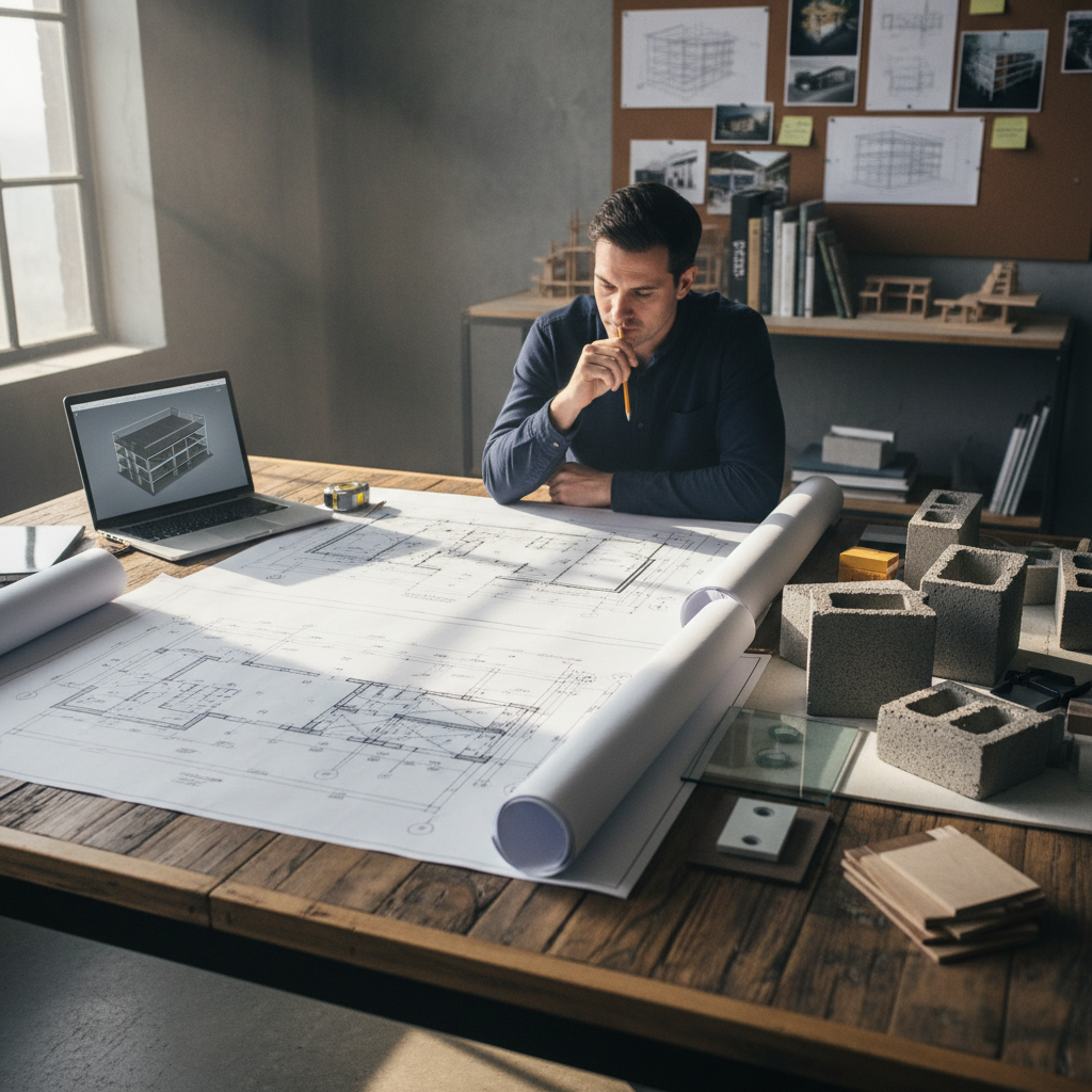 Osoba siedząca przy biurku, analizująca plany architektoniczne garażu rozłożone na stole. W tle widać laptopa i próbki materiałów budowlanych, co tworzy atmosferę planowania i projektowania.
