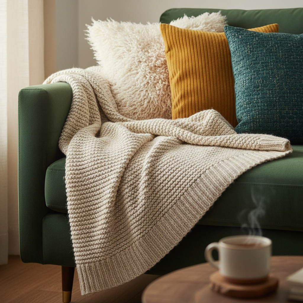Zbliżenie na róg pluszowej sofy w kolorze butelkowej zieleni lub granatu. Widać wyraźną, miękką fakturę materiału. Na sofie leży gruby, wełniany koc w kremowym kolorze oraz kilka dekoracyjnych poduszek o różnych teksturach, w tym jedna ze sztucznego futra.
