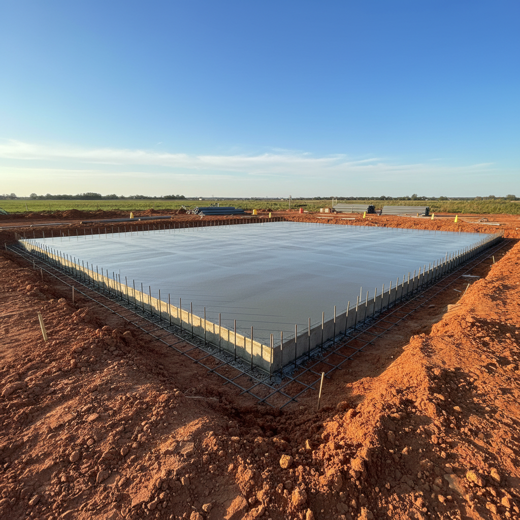 Szeroki kadr ukazujący świeżo wylaną, gładką płytę fundamentową z widocznym zbrojeniem na krawędziach. Wokół płyty widać ziemię o gliniastym odcieniu. Czysty, profesjonalny plac budowy.