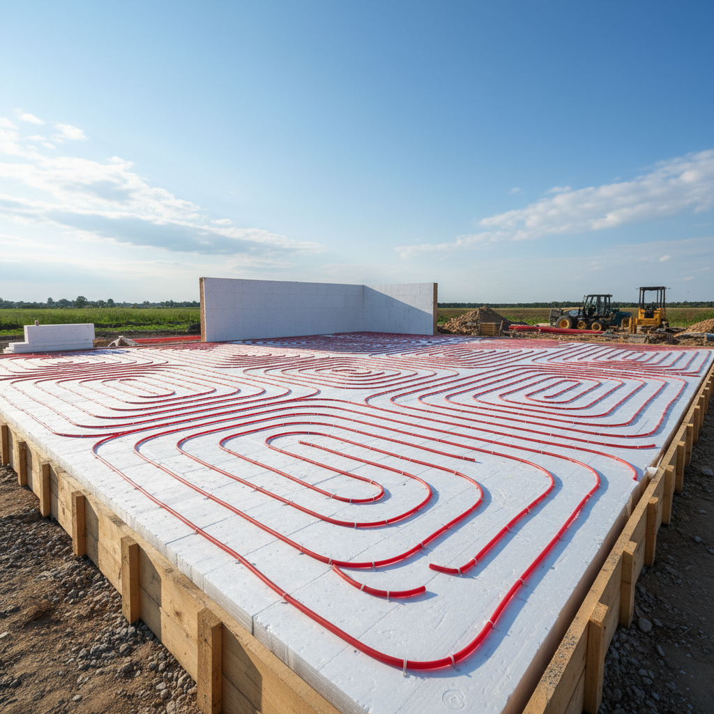 Szerokie ujęcie płyty fundamentowej domu jednorodzinnego przed wylaniem betonu. Na grubej warstwie izolacji termicznej (styropian) widoczne są równomiernie rozłożone czerwone rurki ogrzewania podłogowego. Zdjęcie wykonane w jasnym, naturalnym świetle, pokazujące nowoczesne i energooszczędne rozwiązanie.