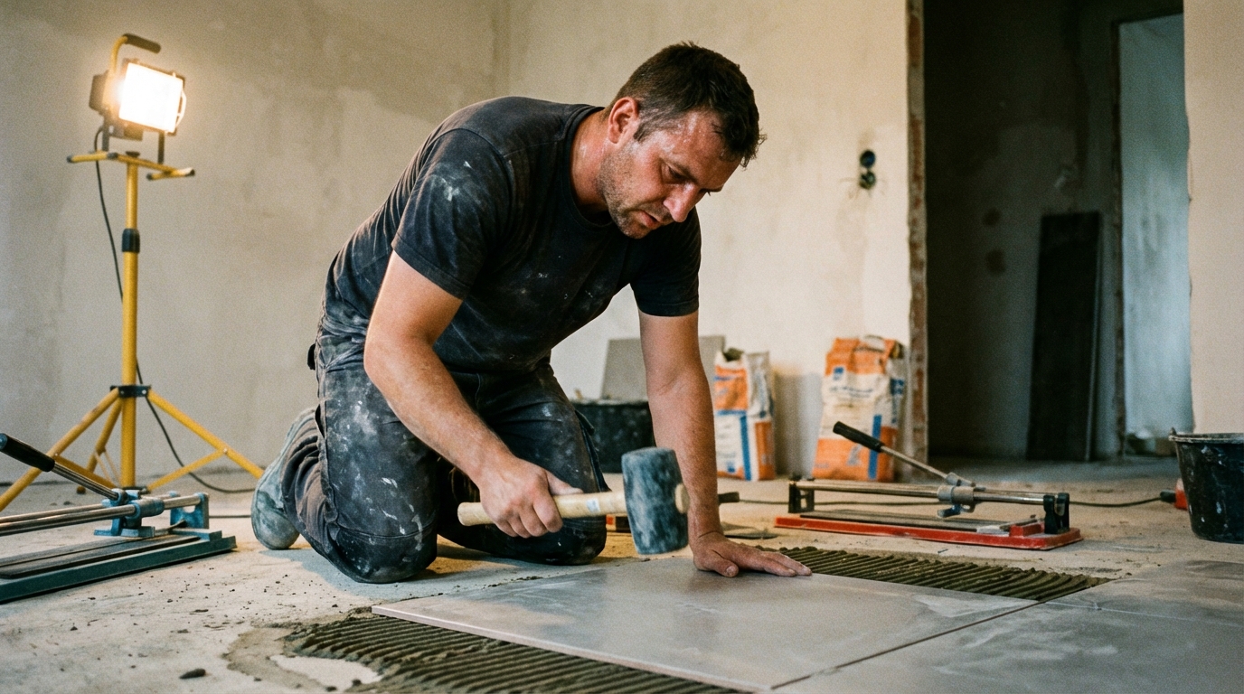 Zdjęcie przedstawiające fachowca w trakcie pracy, klęczącego na podłodze. Jest skupiony na precyzyjnym ułożeniu dużej, ciężkiej płytki ceramicznej (np. 60x60 cm) na podłożu pokrytym zaprawą. Używa gumowego młotka do delikatnego dobijania. Kadr powinien oddawać wysiłek i koncentrację wymaganą przy tej czynności. Światło robocze, narzędzia w tle.