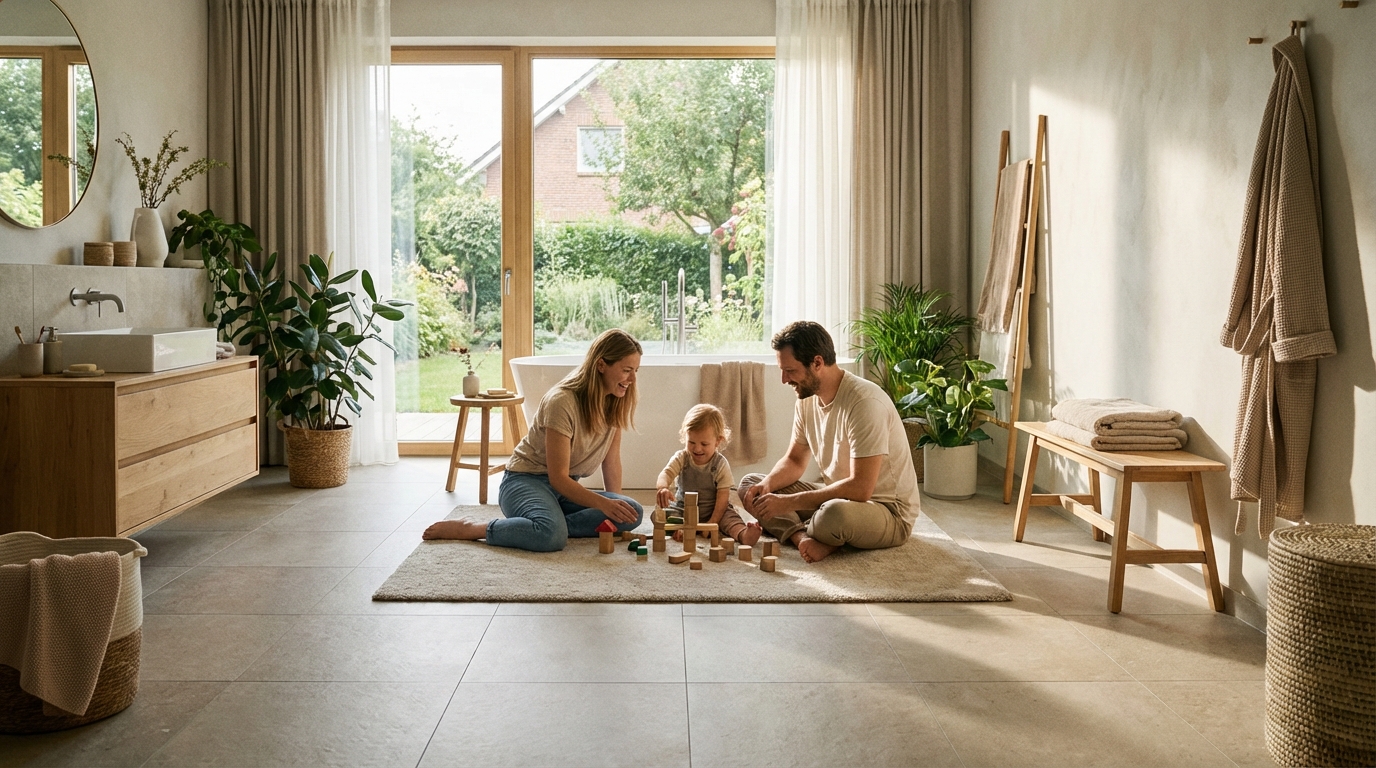 Szerokie ujęcie nowoczesnej, jasnej łazienki z dużym oknem. Na podłodze widać eleganckie, matowe płytki gresowe w kolorze naturalnego kamienia. Młoda rodzina – rodzice i małe dziecko – bezpiecznie bawi się na podłodze, co podkreśla komfort i bezpieczeństwo przestrzeni. Światło jest ciepłe i naturalne, a cała scena emanuje spokojem i domową atmosferą.
