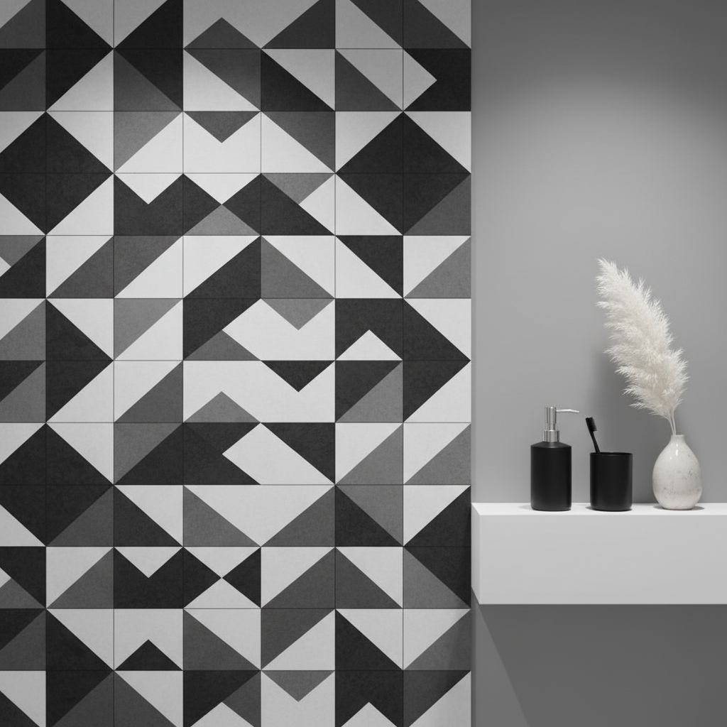 Zbliżenie na ścianę w nowoczesnej łazience, pokrytą geometrycznymi płytkami w kolorach czerni, bieli i szarości. Różne kształty – heksagony, trójkąty – tworzą dynamiczną mozaikę. Obok, na białej półce, stoją czarne akcesoria łazienkowe, jak dozownik do mydła i minimalistyczny wazon. Miękkie, rozproszone oświetlenie podkreśla teksturę płytek.