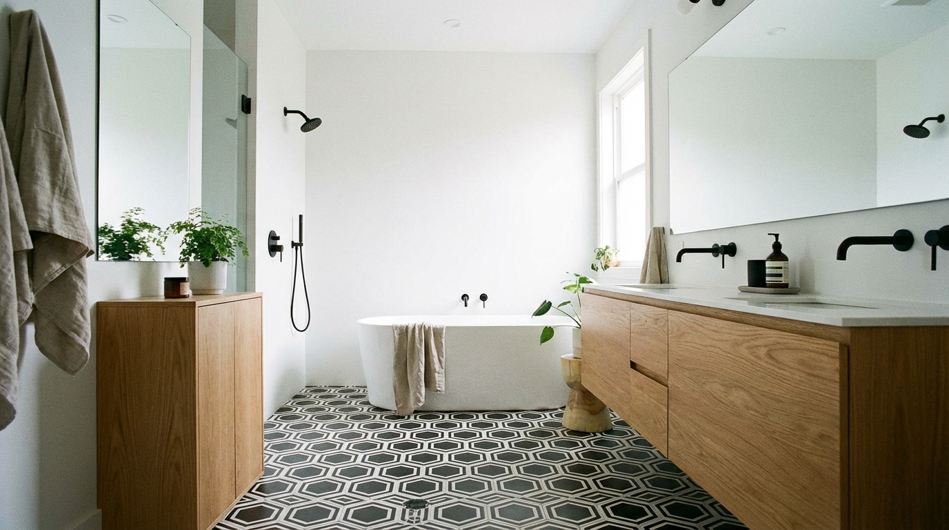 Nowoczesna łazienka z podłogą wyłożoną czarno-białymi, sześciokątnymi płytkami w geometryczny wzór. Ściany są białe, a armatura w kolorze matowej czerni. Duże lustro bez ramy i prosta, drewniana szafka pod umywalką dodają wnętrzu ciepła. W tle widać minimalistyczną wannę wolnostojącą.