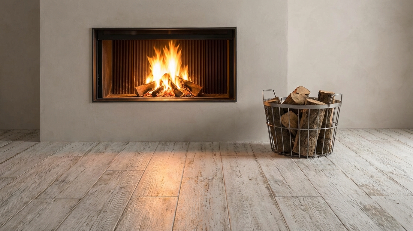 Zbliżenie na nowoczesny, minimalistyczny kominek wbudowany w ścianę. Podłoga wokół kominka jest wyłożona płytkami ceramicznymi o wyglądzie postarzanego, bielonego drewna. Na podłodze stoi metalowy kosz z polanami drewna. Płomienie w kominku rzucają ciepłe światło na realistyczną fakturę płytek.