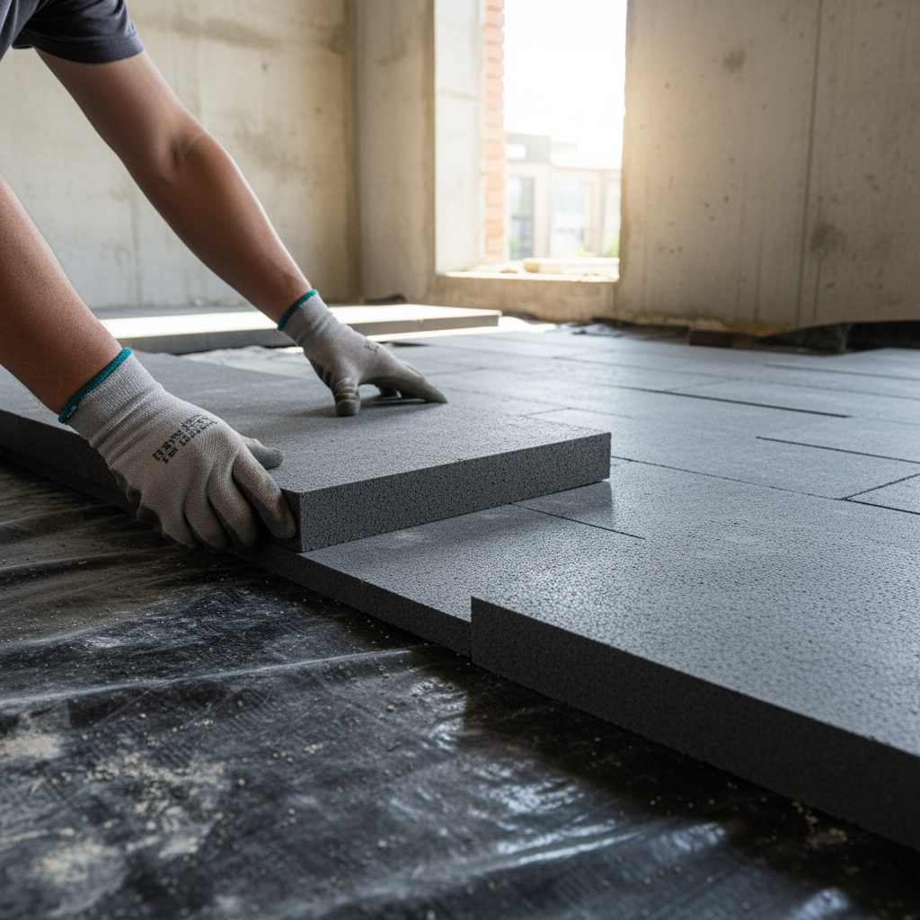 Zbliżenie na dłonie pracownika budowlanego w rękawicach, który starannie układa grafitowe płyty styropianu fundamentowego na podłożu pokrytym czarną folią izolacyjną. Płyty są ułożone "na mijankę", co podkreśla fachowość wykonania. W tle widać fragmenty ścian w stanie surowym, światło wpada przez otwór okienny.