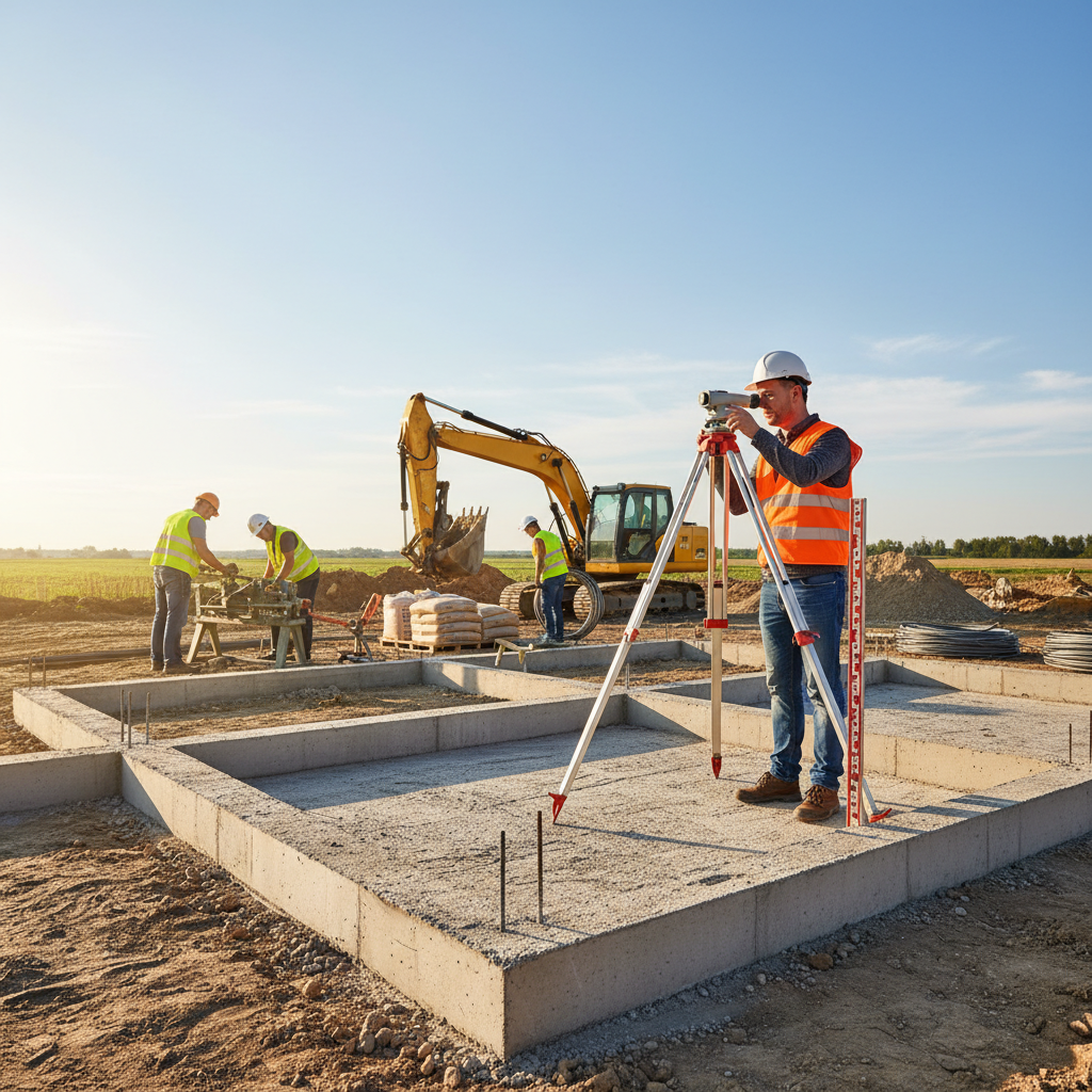 Szerokokątne ujęcie placu budowy w słoneczny dzień. Widać świeżo wykonane fundamenty domu. Na pierwszym planie geodeta z niwelatorem dokonuje pomiarów, a w tle pracownicy budowlani przygotowują materiały. Panuje atmosfera profesjonalnej pracy i początku ekscytującego projektu.