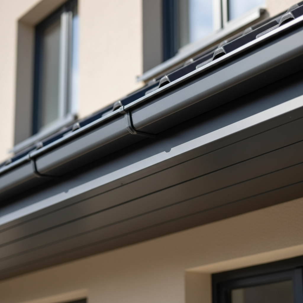 Zbliżenie na fragment nowoczesnej, grafitowej podbitki stalowej zamontowanej pod okapem dachu. Światło słoneczne delikatnie podkreśla gładką, matową fakturę paneli oraz precyzyjne łączenia. W tle widać fragment jasnej elewacji, co tworzy elegancki kontrast materiałów i kolorów.