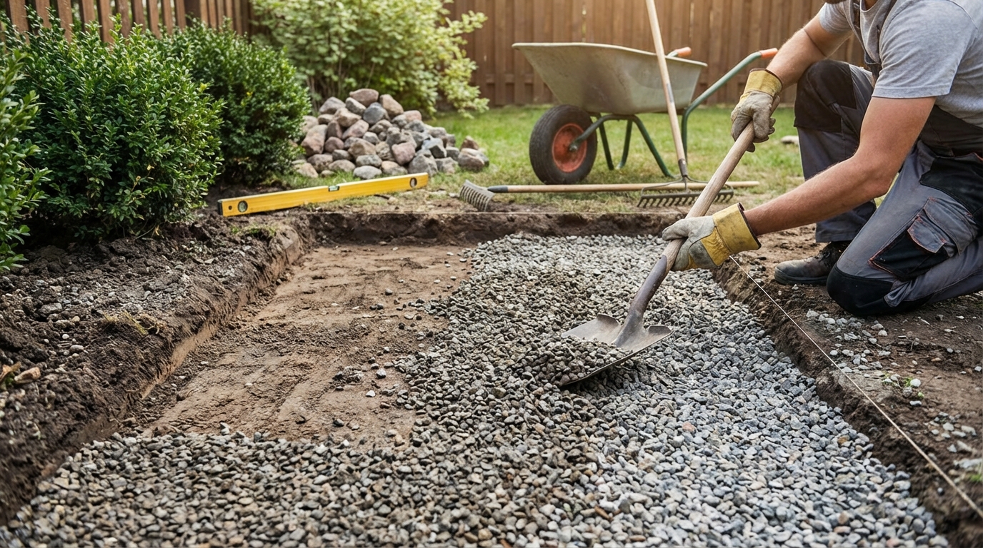 Zdjęcie przedstawiające starannie przygotowany wykop (koryto) pod ścieżkę ogrodową. Dno jest wyrównane, a pracownik w rękawicach roboczych rozsypuje pierwszą warstwę grubego kruszywa, tworząc solidną podbudowę. W tle widać narzędzia budowlane i fragment ogrodu.