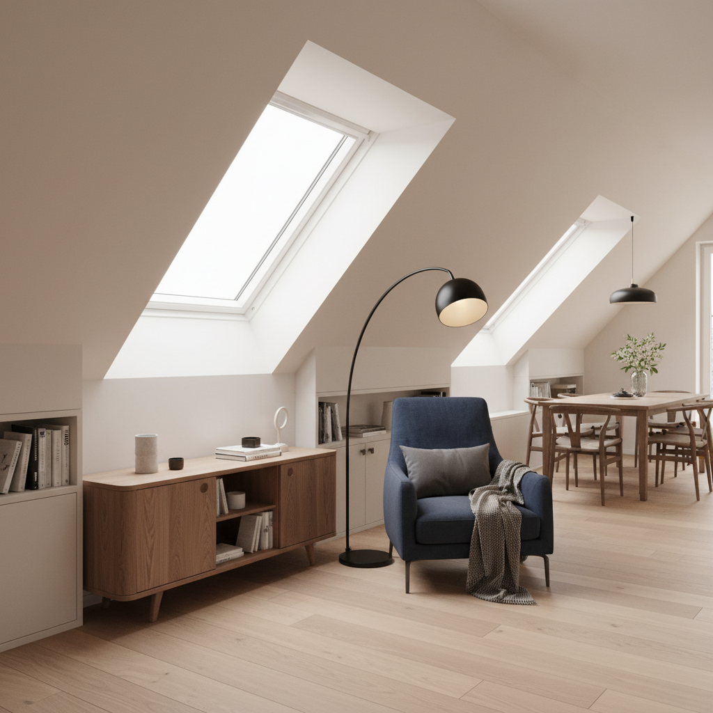 Jasne, przestronne i nowocześnie urządzone poddasze użytkowe, zalane naturalnym światłem z okien dachowych. Widoczne są przytulne meble, co sugeruje komfort i ciepło, jakie daje prawidłowa izolacja.