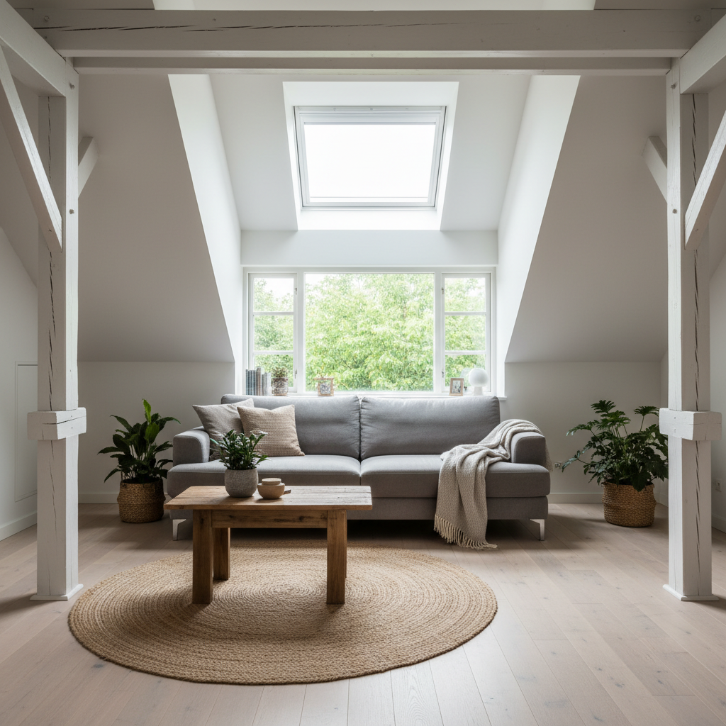 Jasne, przestronne i nowocześnie urządzone poddasze, które pełni funkcję salonu. W centralnym punkcie widać duże zespolenie okien dachowych z prostokątną nadstawką na górze, przez które wpada mnóstwo naturalnego światła, oświetlając wygodną kanapę i drewnianą podłogę. W tle widać fragment zieleni za oknem, co daje poczucie bliskości z naturą.