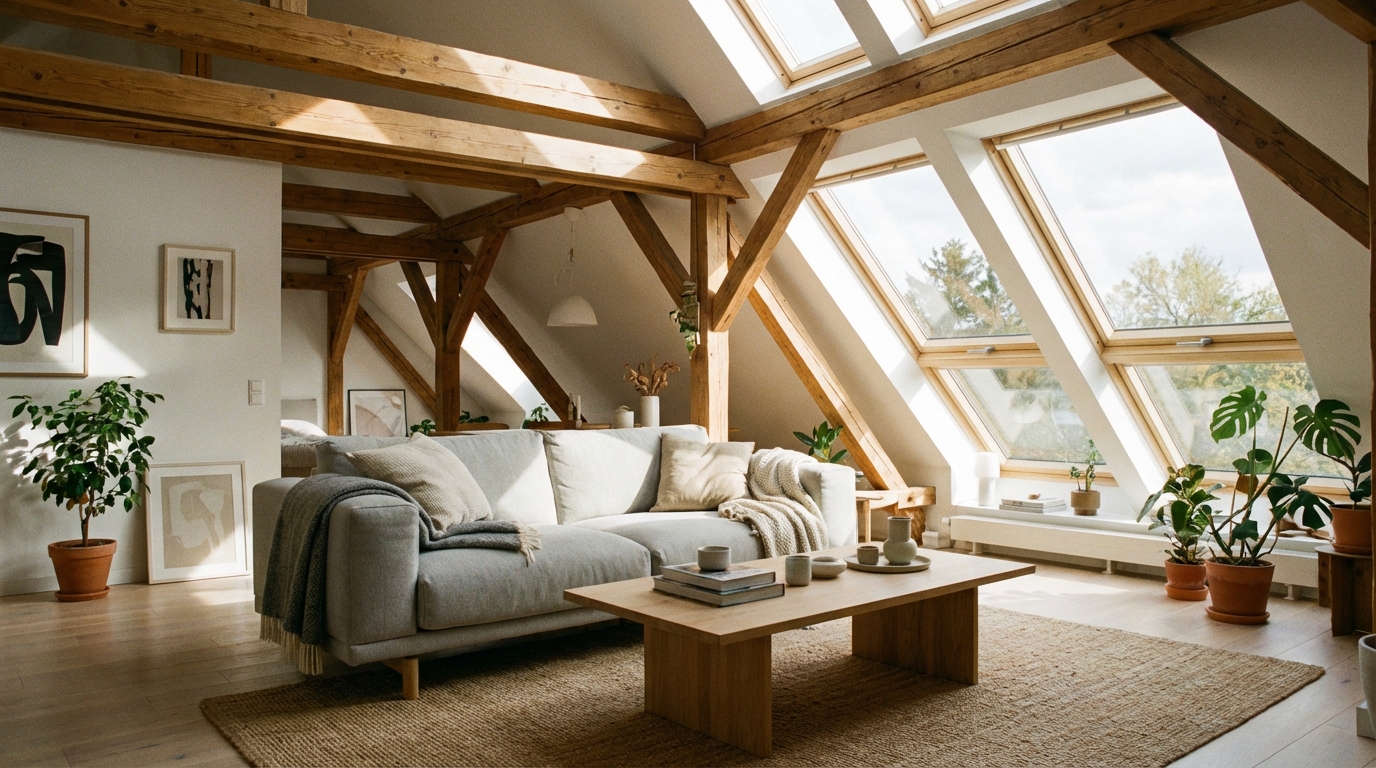 Jasne, przestronne i nowocześnie urządzone poddasze z widocznymi drewnianymi belkami stropowymi. Ściany i skosy są idealnie gładkie, pomalowane na biało, co podkreśla przestrzeń. Wnętrze jest zalane naturalnym światłem wpadającym przez duże okna dachowe. Widać fragment wygodnej sofy i stylowych dodatków, tworzących przytulną i luksusową atmosferę.