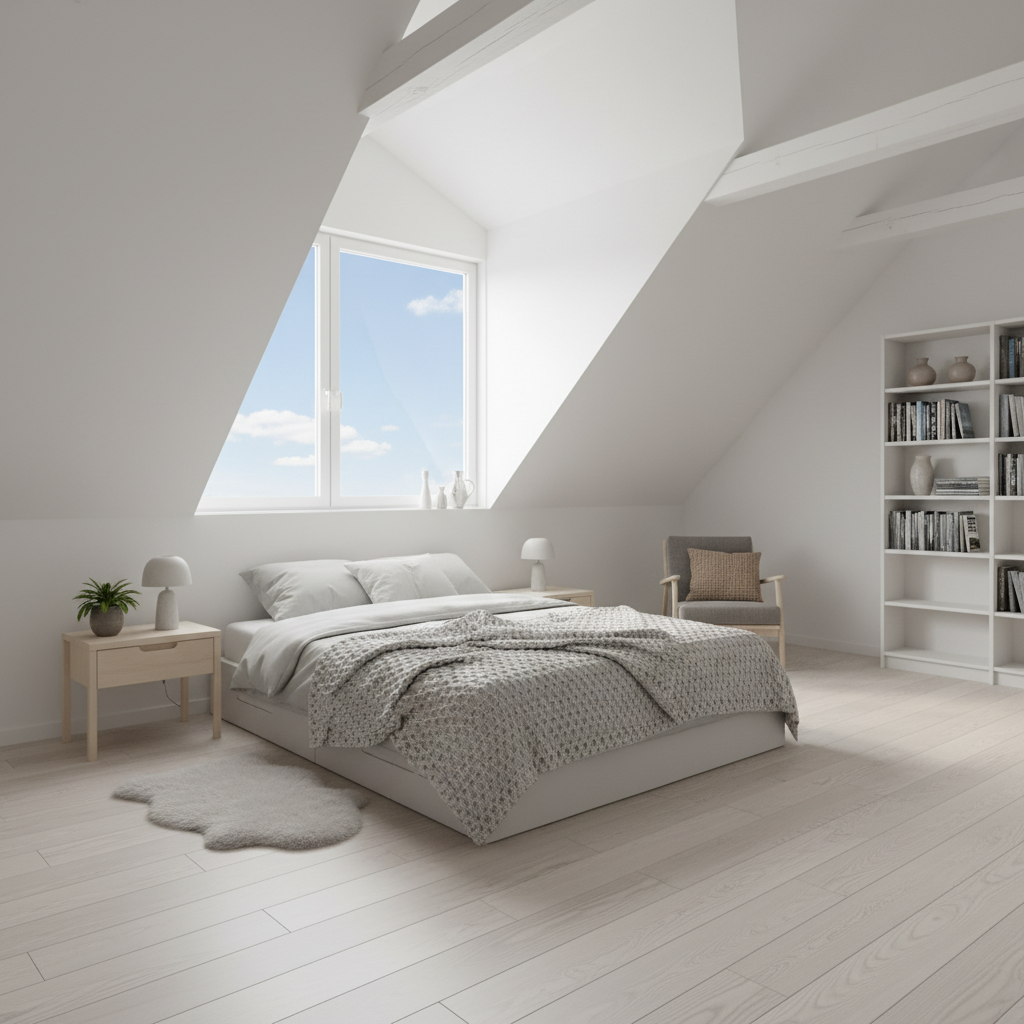 Jasne, przestronne poddasze urządzone jako przytulna sypialnia w stylu skandynawskim. Przez duże okno dachowe wpada mnóstwo dziennego światła, oświetlając białe ściany i drewnianą podłogę. Za oknem widać błękitne niebo z kilkoma chmurami, co tworzy spokojną i relaksującą atmosferę.