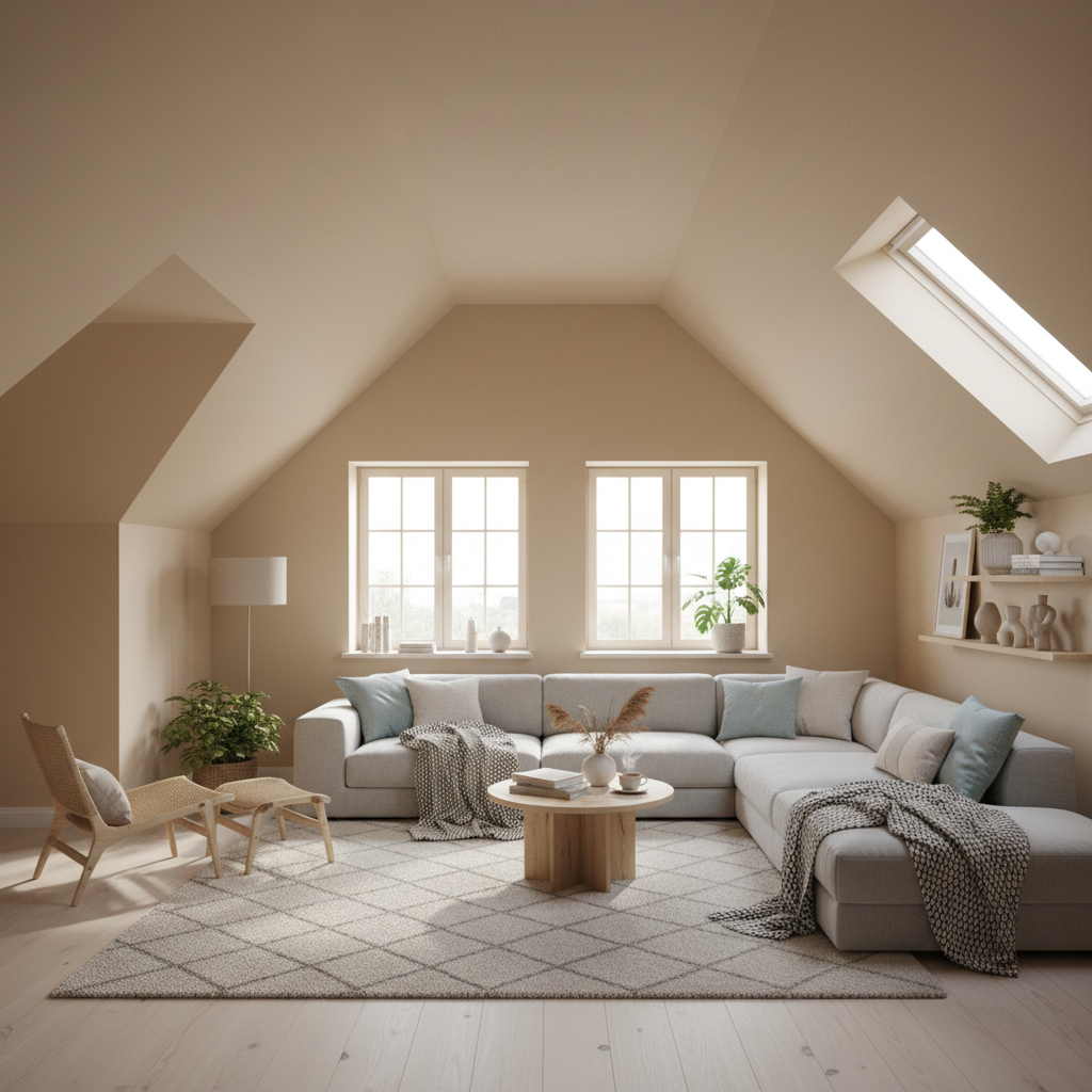 Jasny, przestronny salon na adaptowanym poddaszu z widocznymi skośnymi ścianami i oknami dachowymi. Ściany są idealnie gładkie, pomalowane na ciepły, neutralny kolor. Wnętrze jest urządzone w nowoczesnym, przytulnym stylu skandynawskim.
