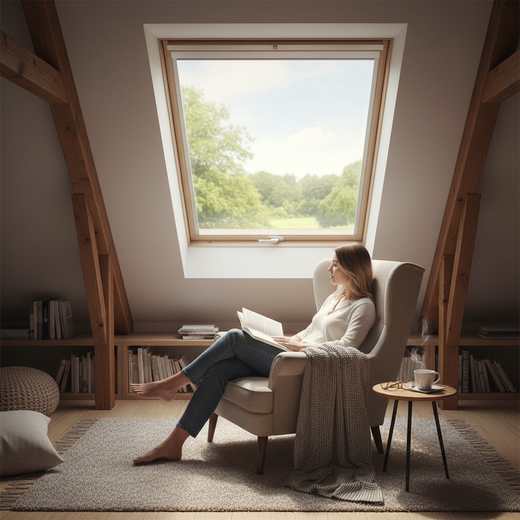 Przytulny kącik do czytania na poddaszu obok okna dachowego zamontowanego na odpowiedniej wysokości. Osoba siedzi w wygodnym fotelu i swobodnie wygląda na zewnątrz na zielony krajobraz. Światło słoneczne delikatnie oświetla otwartą książkę leżącą na jej kolanach.